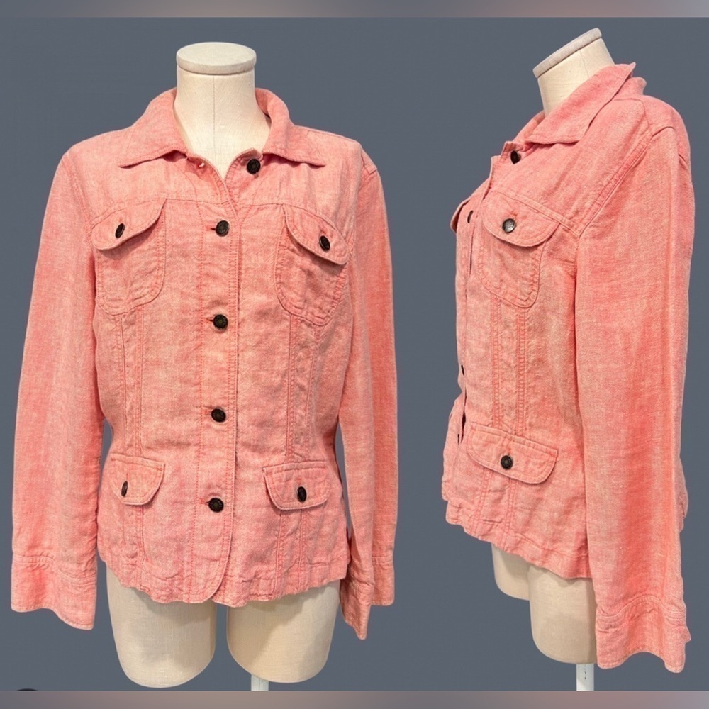 J.JILL peachy pink linen spring summer jacket with 4 front pocket styling